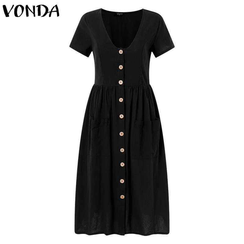 VONDA, женские платья до колена,, летние, для беременных, винтажные, сексуальные, v-образный вырез, короткий рукав, повседневные, для беременных, на пуговицах, размера плюс, Vestido - Цвет: Black