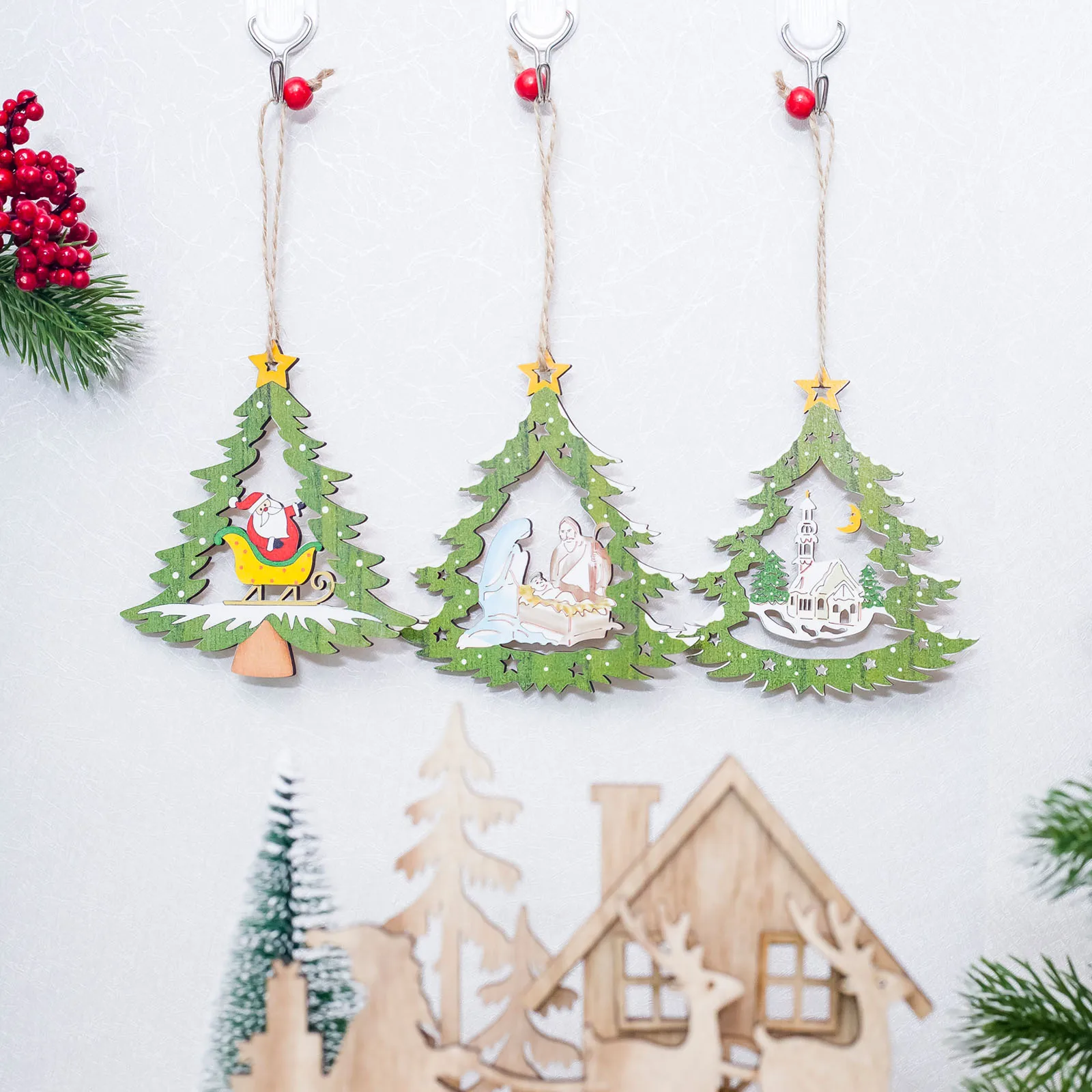 10x11cm Beautiful Hollow Christmas Tree Wooden Scrapbook Pendants DIY Wood Crafts Xmas Party Decorations Supplies | Дом и сад