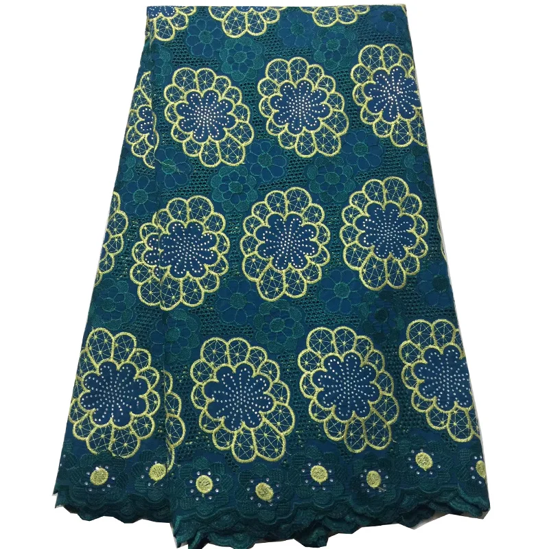 

(5yards/pc) high quality teal green African cotton lace embroidered Swiss voile lace fabric with stones for party dress CLS218