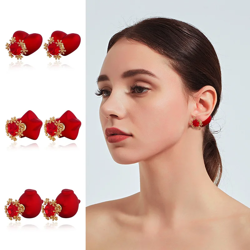 Red Crystal Snowflake Stud Earrings Wedding Party Bridal Heart Star Fashion Jewelry Accessories For Women Gifts | Украшения и