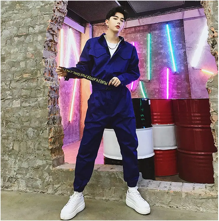Blue purple Мужской комбинезон с длинным рукавом, цельный комбинезон, уличные штаны, модные повседневные Комбинезоны свободного кроя, мужские хип-хоп рабочие брюки YT5080 - Цвет: Blue purple
