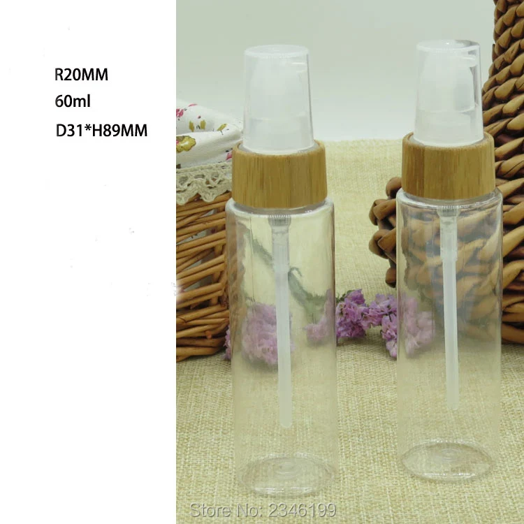 

60ML 10pcs/lot Empty Plastic Lotion Pump Bottle with Bamboo Cap, DIY Cosmetic Emulsion Refillable Container, Makeup Tool