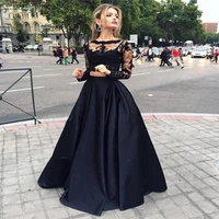 fast delivery fashion trend two pieces prom dress black long sleeve satin homecoming cheap high neck prom gowns in stock