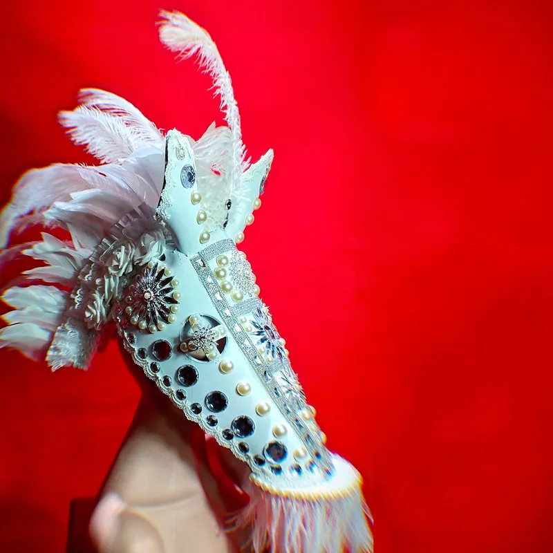 

EC80 Ballroom dance costumes dj stage head piece wears show catwalk performance dress horsehead feather headwear outfits helmet
