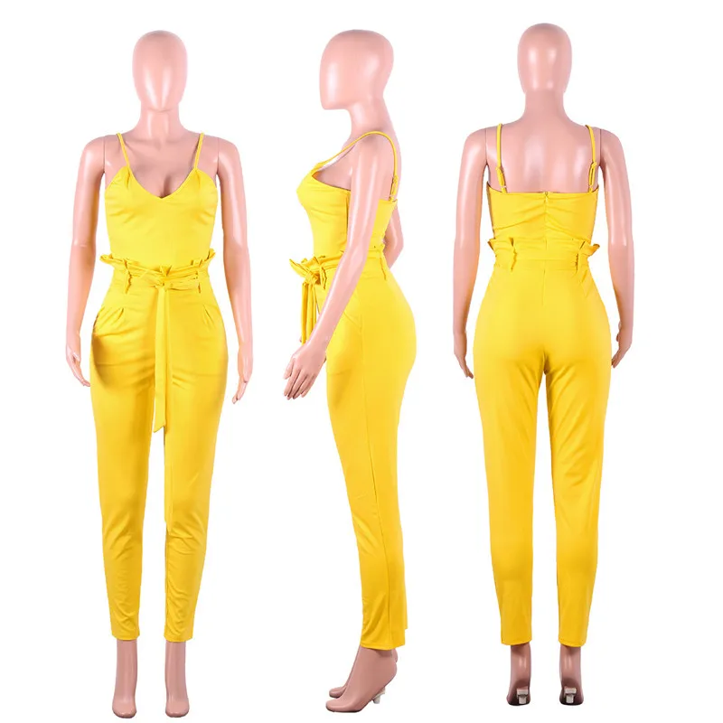 

Sexy Spaghetti Strap Elegant Jumpsuit Women Sleeveless V-neck Summer Rompers Ankle-length Pants Night Club Overalls with Sashes