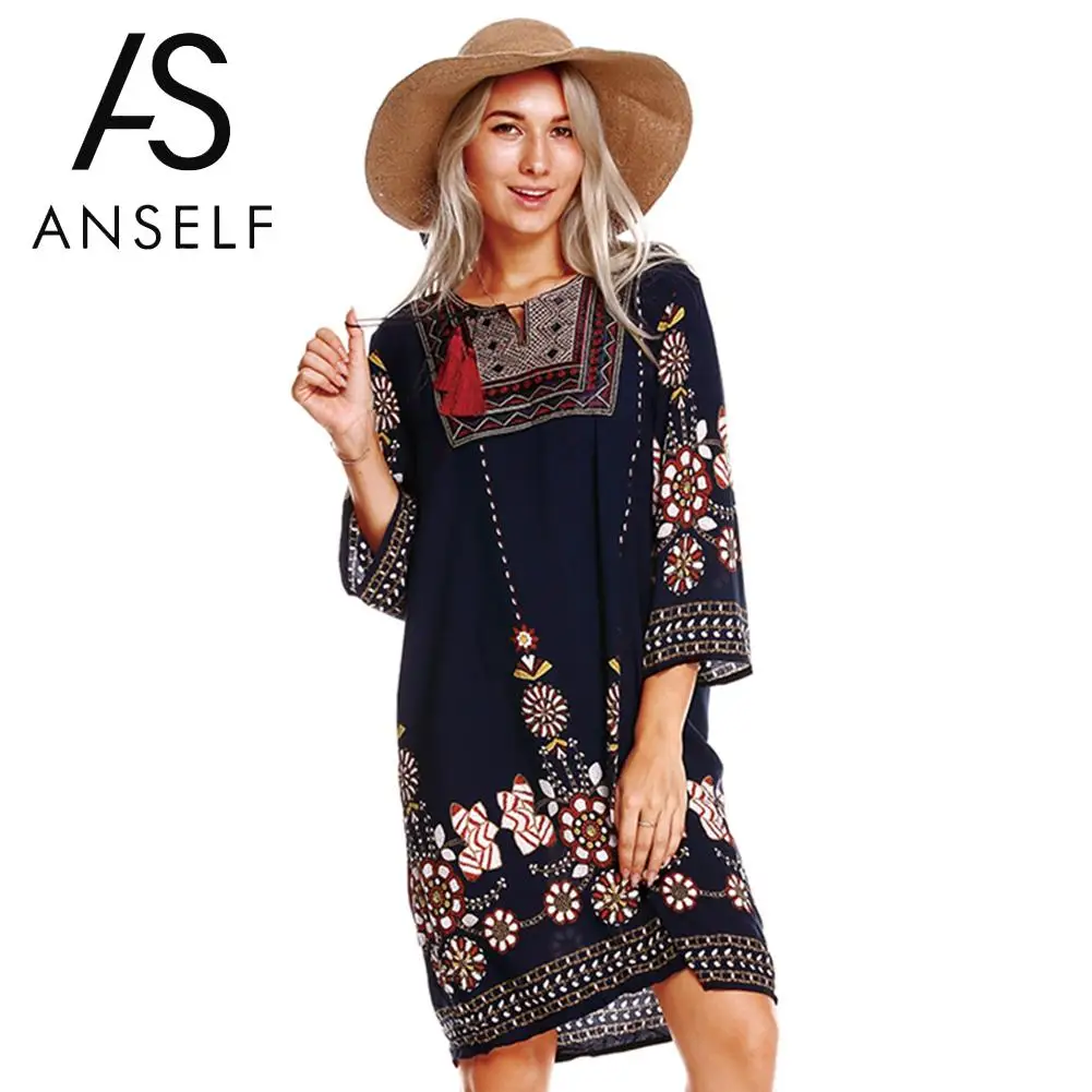 Женское платье туника в стиле бохо Anself винтажное с вышивкой спереди и цветочным