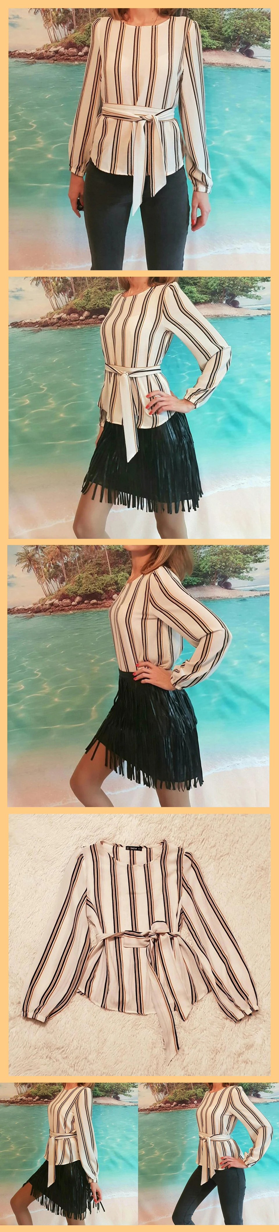 SHEIN белая офисная женская элегантная полосатая блуза с круглым вырезом и длинным рукавом, новинка, осенняя рабочая одежда, Женские топы и блузки