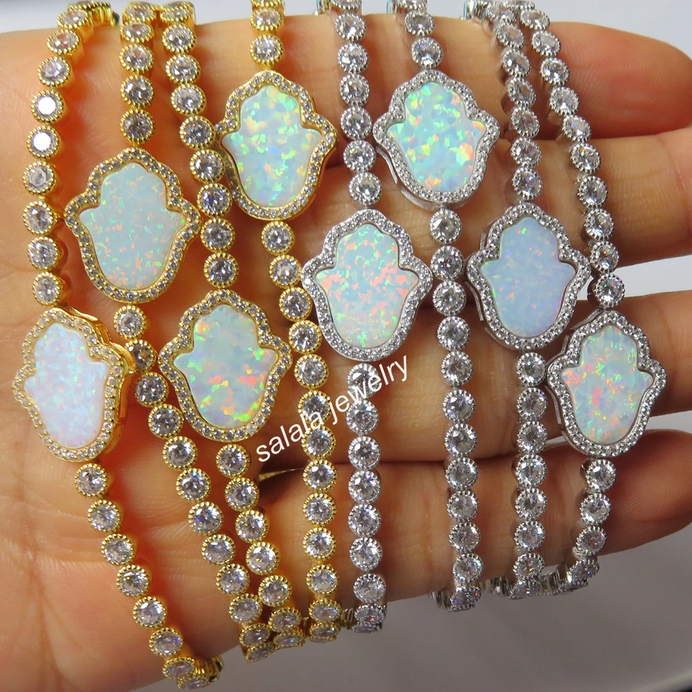 5pcs/lot OP17 White 925 Sterling Silver Synthetic Hamsa &ampHand Fire Opal Bracelet with AAA Cubic Zirconia | Украшения и