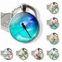 dragonfly glazed insect glass dome art 25mm illustration jewelry keychain pendant key ring crafts fashion handmade keyring gift