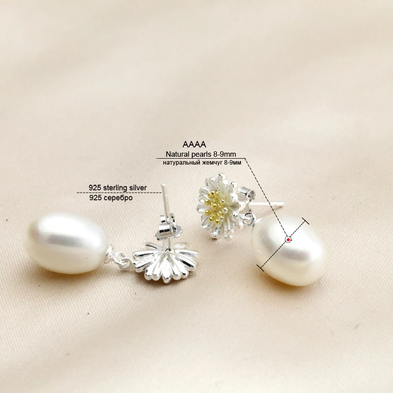 

YouNoble 2017 vfashion charming 8-9MM White Pink Pearl Earrings AAA Grade,925 sterling silver flower earrings jewelry for women