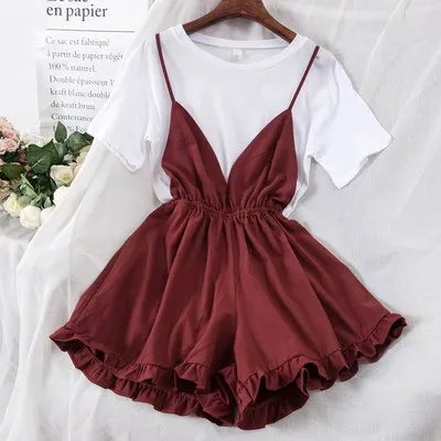 Wine red Новая модная Женский комплект 2 шт. футболка+ свободные шорты на лямках, костюм, женская одежда, летние женские комплекты одежды синего и винно-красного цвета - Цвет: Wine red