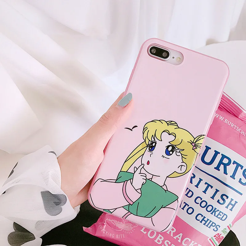 Kawaii Pink Japanese Anime Cartoon Sailor Moon Phone Case For iPhone 6 6Puls 6S 7 8 Puls X Cases Tempered Glass Back Cover Coque |