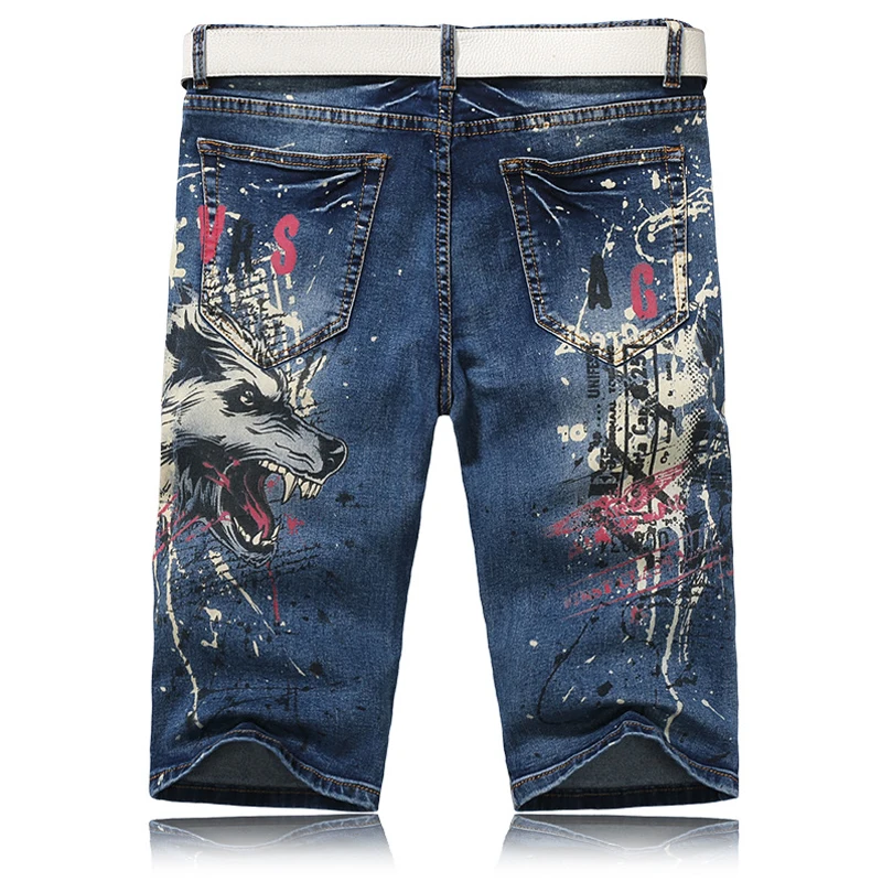 Sokotoo Men's fashion slim wolf print jeans Male casual knee length stretch denim shorts | Мужская одежда