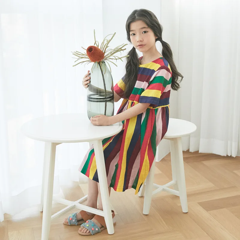 Youth Girl Rainbow Dress Brand Designer Casual Korean Children Summer Cotton Fabric Short Sleeve Clothes For 13 Years | Детская одежда