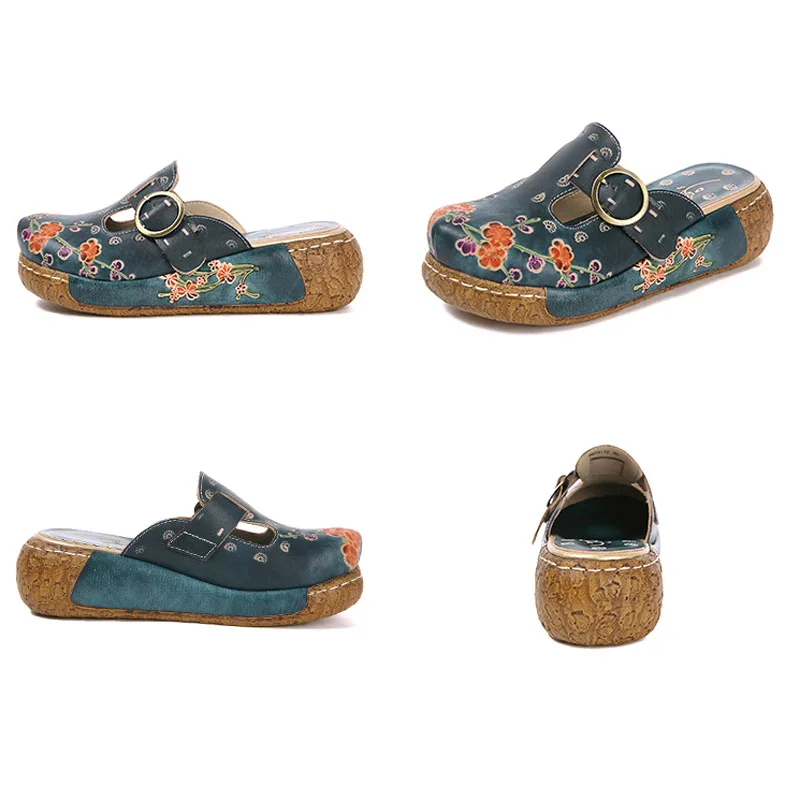 

GKTINOO Genuine Leather Shoes Flower Slippers Handmade Slides Flip Flop On The Platform Clogs For Women Woman Slippers Plus Size