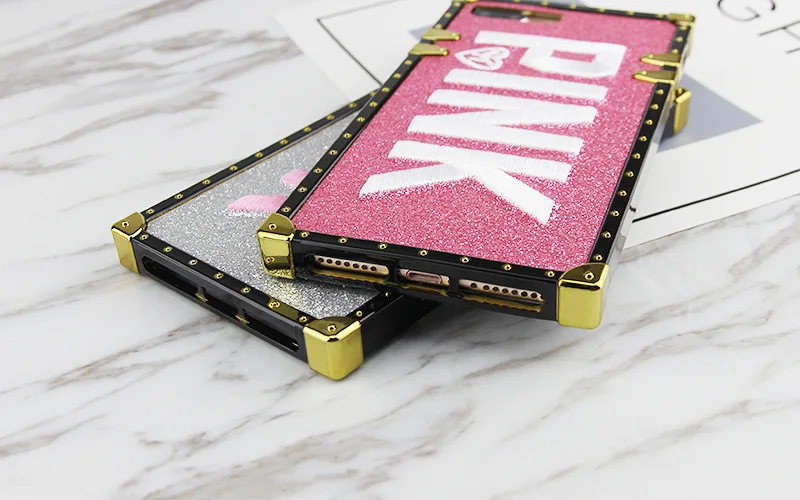 Brand PINK Case For Iphone XS Max X XR 7 8 Plus Square Samsung Galaxy S10 E S8 S9 Note 9 Bling Glitter Secret Cover |