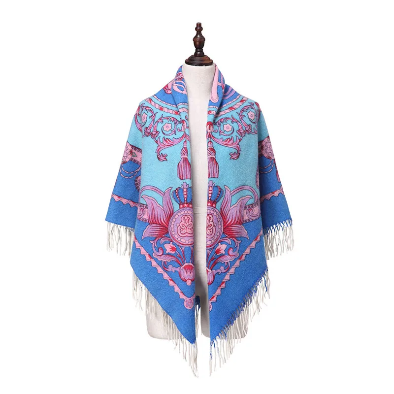 ZY87049 Duplex Printing Design Wool Tassel Pashmina Luxury Cape Winter Hot Sell Trim Shawls Popular Poncho shawl |