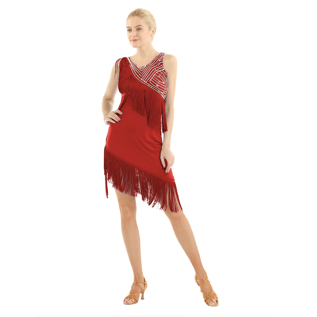 Iiniim Femme женское блестящее платье с блестками и кисточками асимметричное латинское платье для танцев Танго Румба ча-ча танец живота платье с шортами