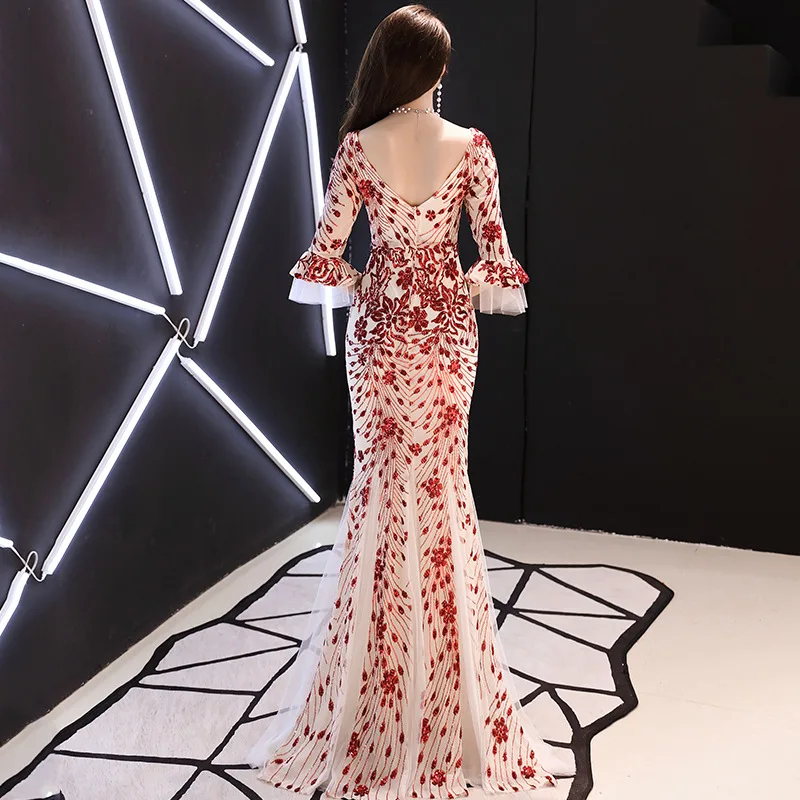 

Red Half Sleeve V-Neck Qipao Sequins Mermaid Cheongsam Dress Vestidos Chinos Oriental Wedding Gowns Party Dresses Size XS-3XL
