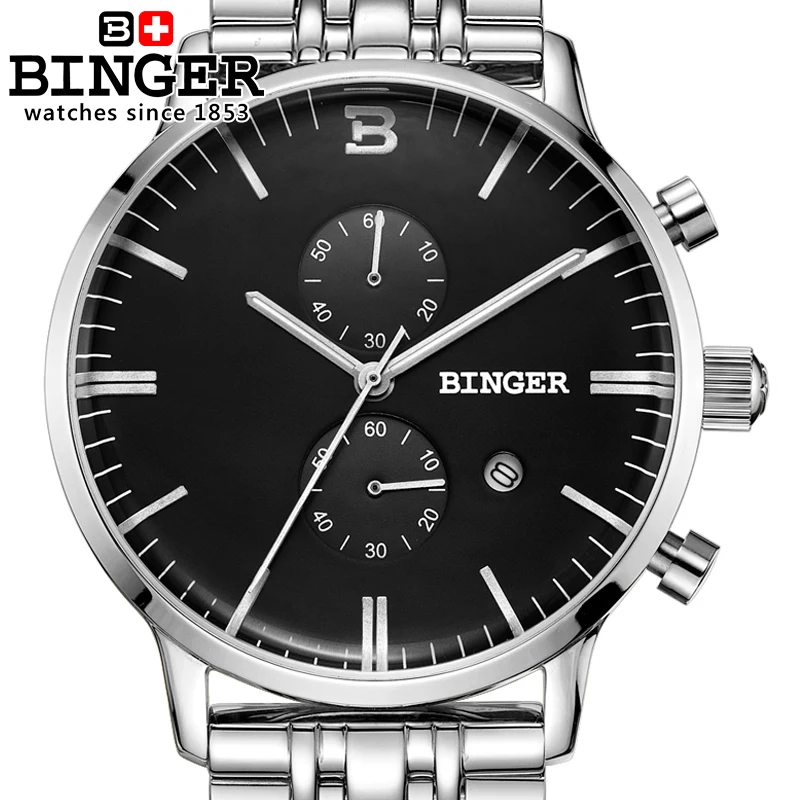 

Switzerland men's watch luxury brand Wristwatches BINGER Quartz clock glowwatch full stainless steel Chronograph Diver B11221