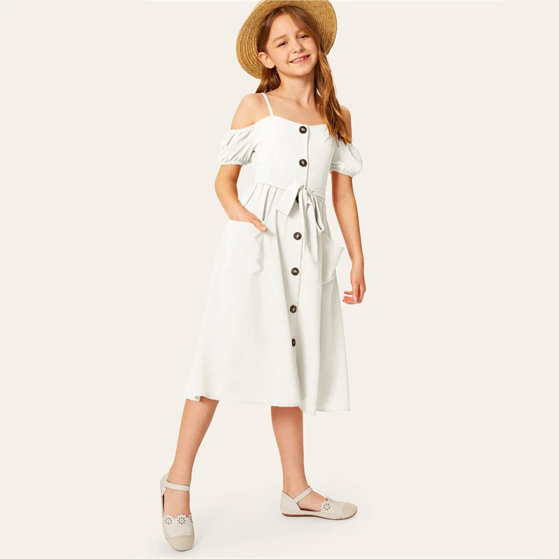 SHEIN/детское однотонное платье для девочек с открытыми плечами и одной пуговицей спереди, с поясом, платье в стиле бохо,, летние платья миди с короткими рукавами для отдыха