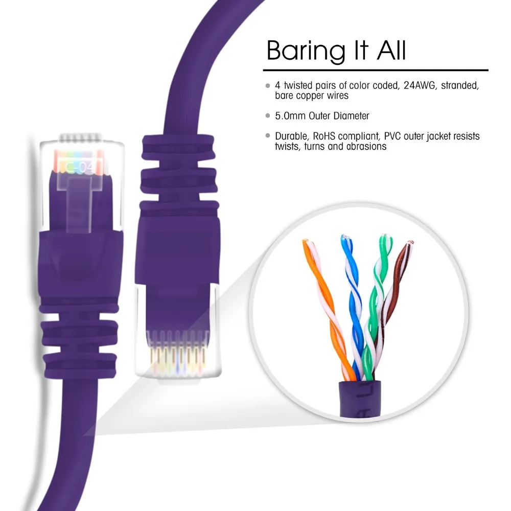 2 Feet Purple 350 MHz Cat5e UTP Ethernet Patch Cable Snagless 8P8C RJ45 Computer LAN Network Cord 10pack/lot |