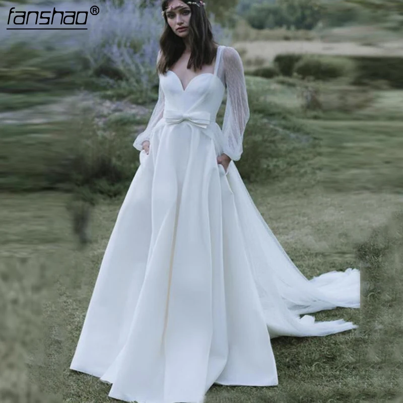 

Simple Muslim Wedding Dresses Lantern Sleeves Jacket Pocket Boho Vestido De Noiva Dubai Arabic Wedding Gown Bridal
