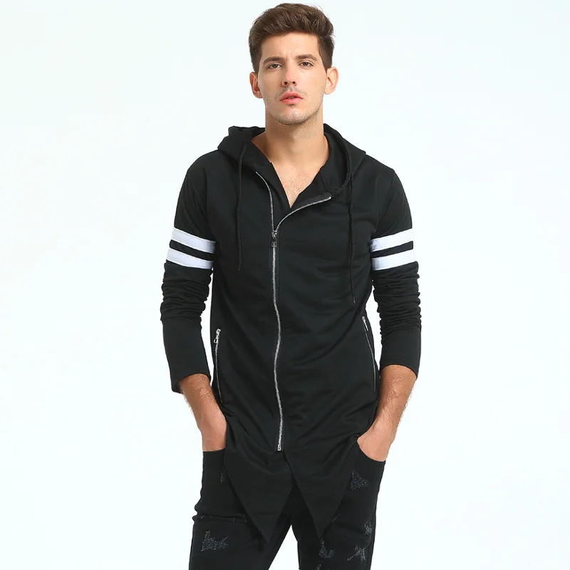 Мужская толстовка с капюшоном Feece черно-серая Длинная боковой молнией уличная