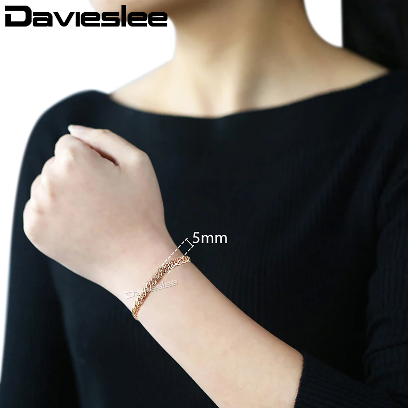 Davieslee 585 светло розовое золото Заполненные браслет для Для женщин молотком оленинская цепь 5 мм 7-9 дюймов 18-23 см LGB428