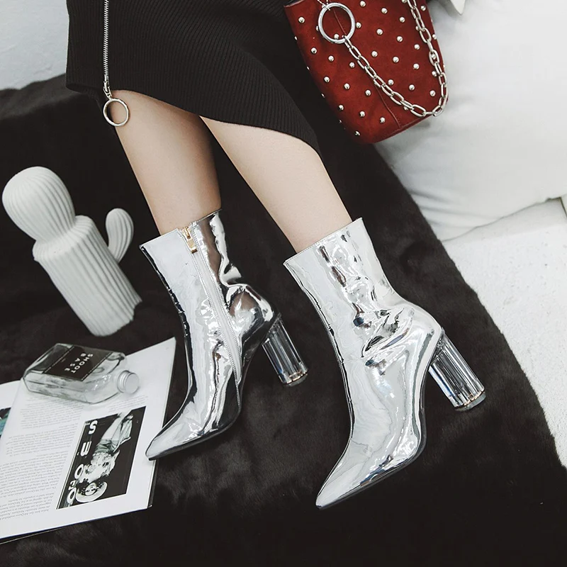 

WETKISS Mirror Pu Women Ankle Boots Pointed Toe Footwear Transparent Unusual High Heels Female Boot Party Shoes Woman Winter New