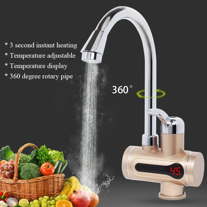 EU Plug Gold Faucet Water Heater Kran Instant Tankless Hotwater Boiler Kraan Kitchen Heating Crane With LED Light Kocher Bib Tap