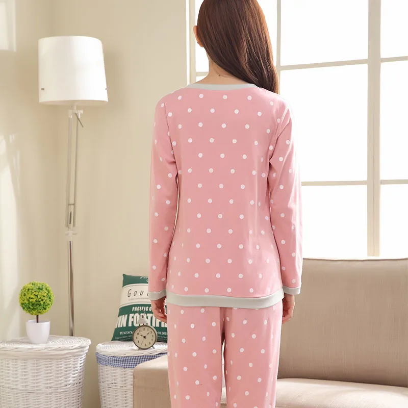 Autumn Cute Casual Pajamas Suit Woman Polka Dot Cat Cotton Full Pants O-neck Tops Sleep Lounge Female | Женская одежда