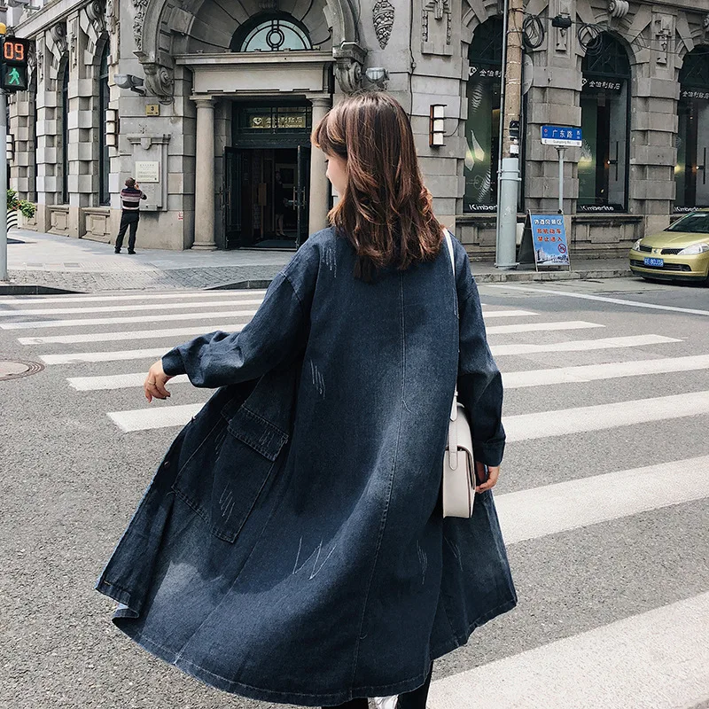 Женское джинсовое пальто с длинным рукавом однотонное однобортное длинное