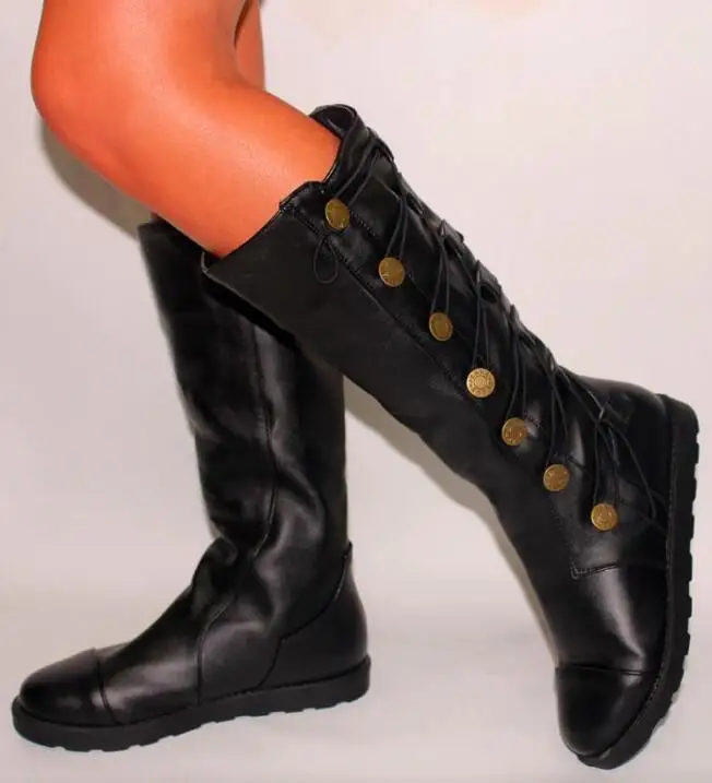 Botas mujer; сапоги до колена; женская Винтажная обувь из искусственной кожи на плоской подошве; женские высокие сапоги для верховой езды на платформе с перекрестной шнуровкой размера плюс - Цвет: black