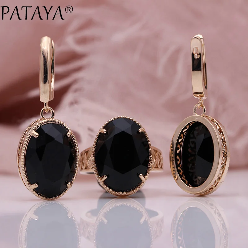 PATAYA, Новые овальные длинные серьги, набор колец, 585, розовое золото, для женщин, модные, для свадьбы, вечеринки, благородный, многоцветный, натуральный циркон, ювелирные наборы - Окраска металла: Black