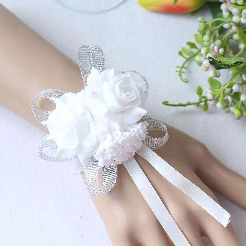 YO CHO Prom Beutiful PE розы вечерние цветы на запястье Свадебные наручные Цветы розовые подружки невесты шелковый корсаж ручной цветок для свадьбы - Цвет: silver