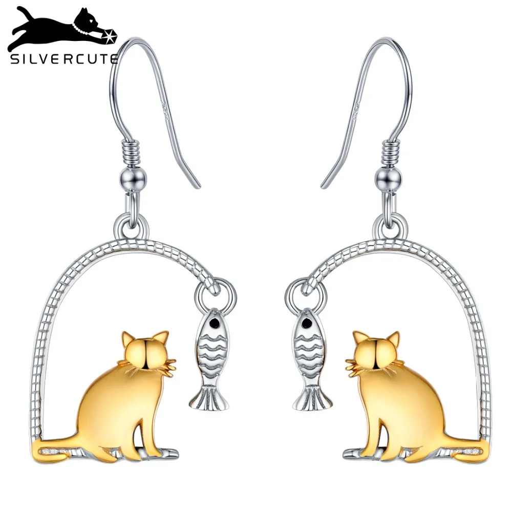 SILVERCUTE двухцветный Кот и Рыба Серьги для женщин 925 пробы серебро ювелирные