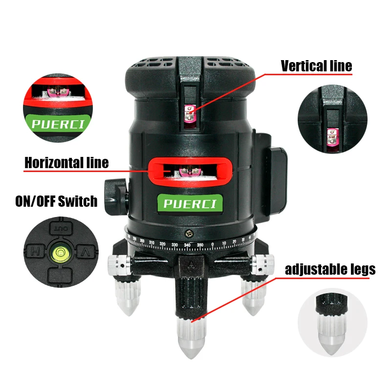 PUERCI 360 Degrees Rotary 5 Line 6 Points Laser Level Vertical &amp Horizontal 3D Automatic Self Leveling With Outdoor Mode | Инструменты