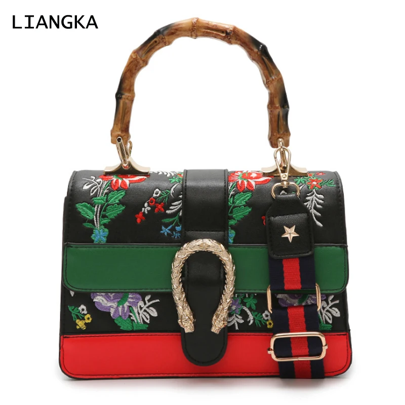 LIANGKA PU Leather Female Fashion Handbag Floral Embroidery Bamboo Handle Bag Ladies Shoulder Clutch For Women 2018 | Багаж и сумки