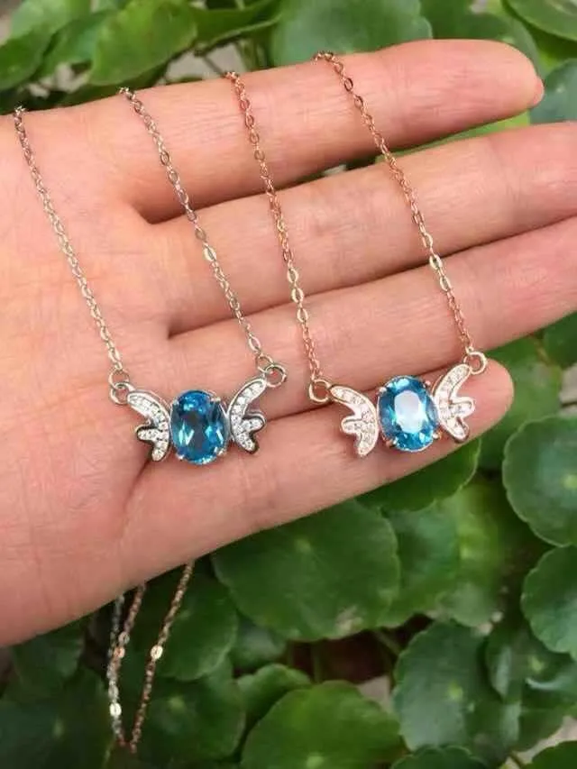 

Natural blue topaz stone Necklace natural gemstone Pendant Necklace S925 silver women Child Fashion Elegant Angel Fairy Jewelry