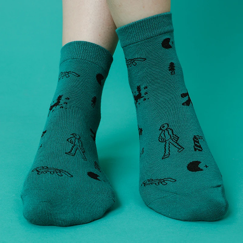 Summer New Design Women Short Socks Cartoon Yellow Green Purple Blue Sock Cotton 5 Pairs A Lot