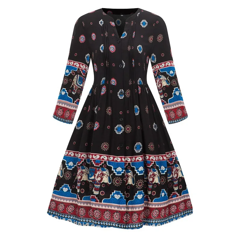 

Women's V-Neck Indie Folk Printed Flower Maxi Size Dresses