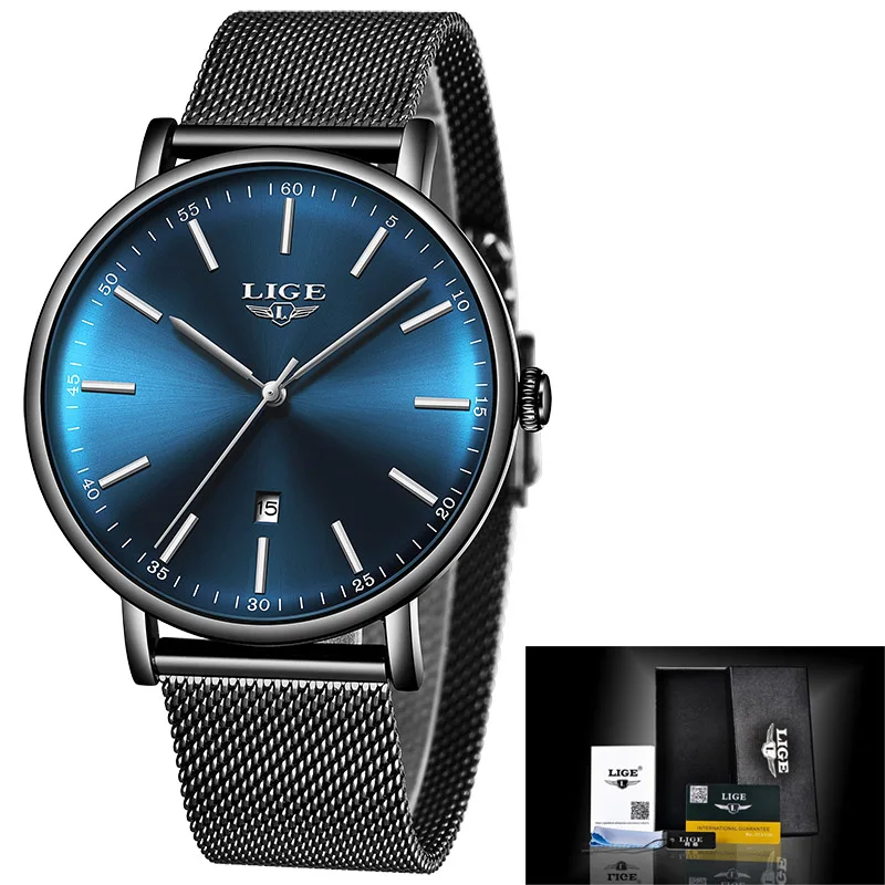 Black blue LIGE мужские часы от ведущего бренда класса люкс водонепроницаемые ультра тонкие часы с синим сетчатым ремешком модные повседневные кварцевые часы мужские спортивные наручные часы - Color: Black blue