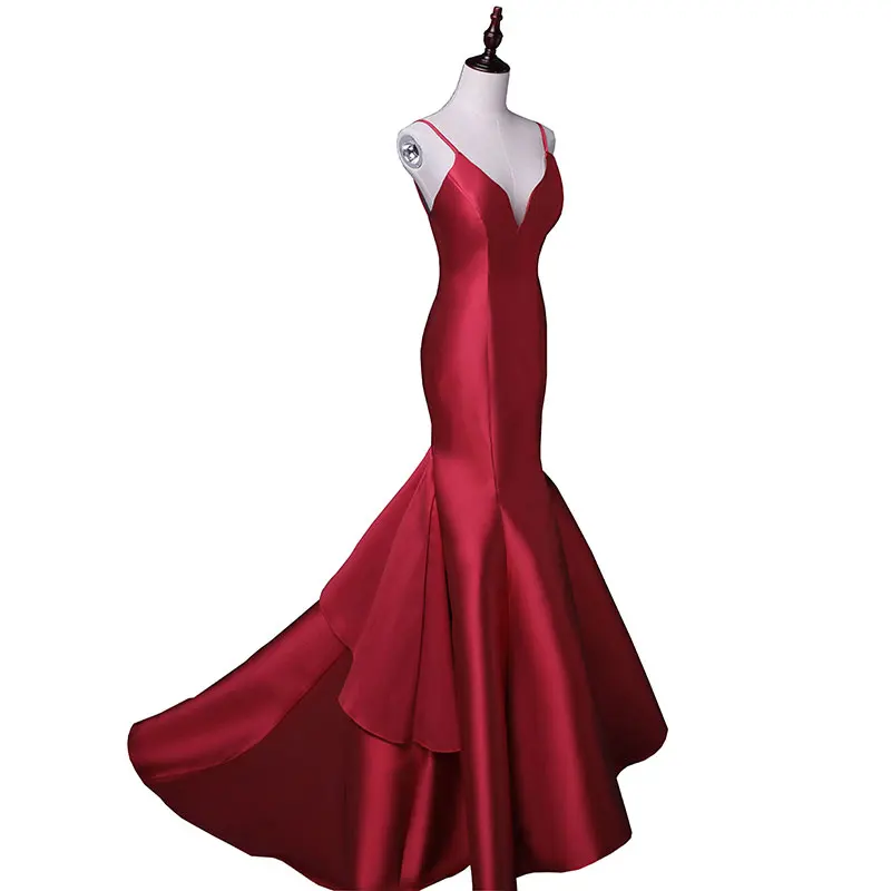 Женское атласное вечернее платье длинное Привлекательное со шлейфом и V образным