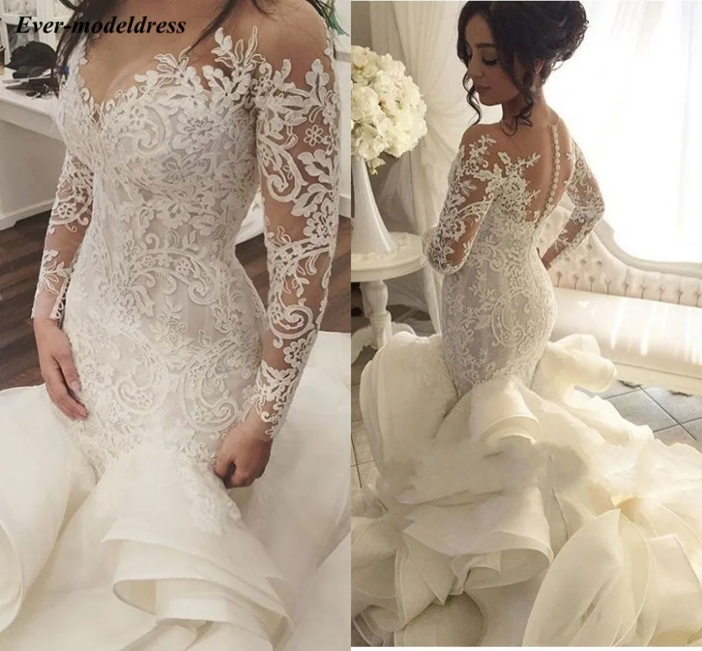 Vestido De Noiva Long Sleeves Appliques Lace Mermaid Sweep Train Ruffles Organza Wedding Dresses for Bride Plus Size Customized