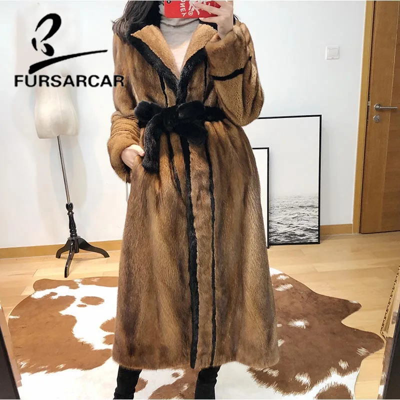 FURSARCAR 2021 New Women Real Natural Mink Fur Coats X-long Whole Skin Thick Warm Jacket Female Luxury Genuine Mink Fur Coat