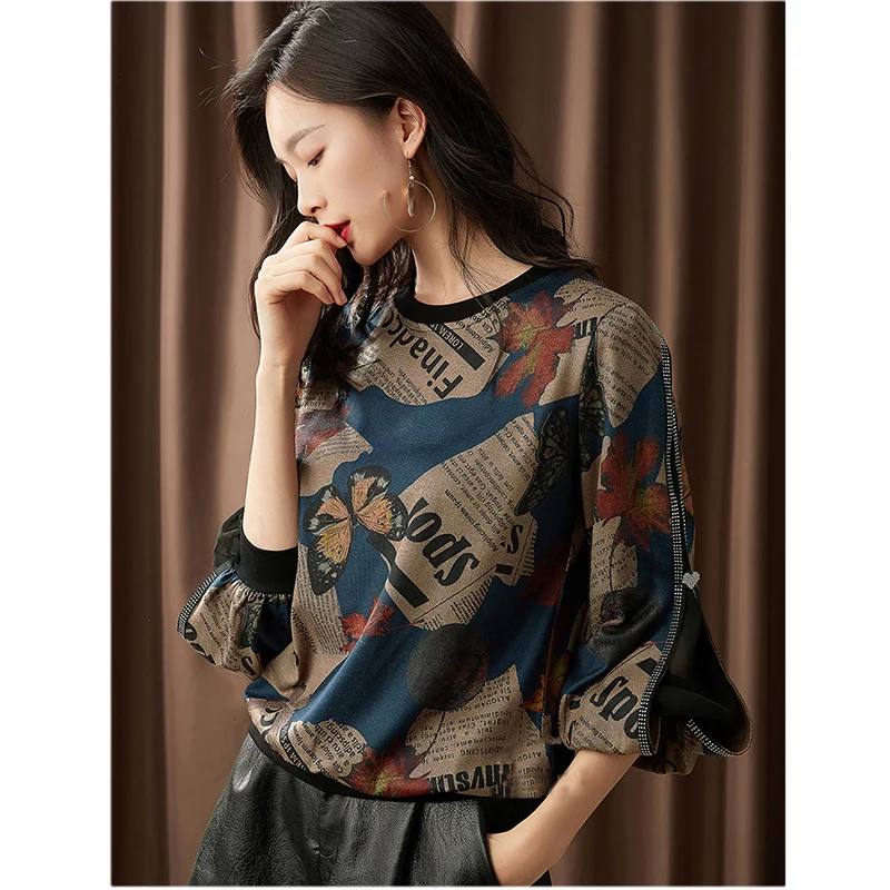 Весенняя женская шифоновая рубашка с принтом, брендовый дизайн, шифоновый свитер с длинными рукавами, богемный стиль, круглый вырез, Cpring рубашка для женщин