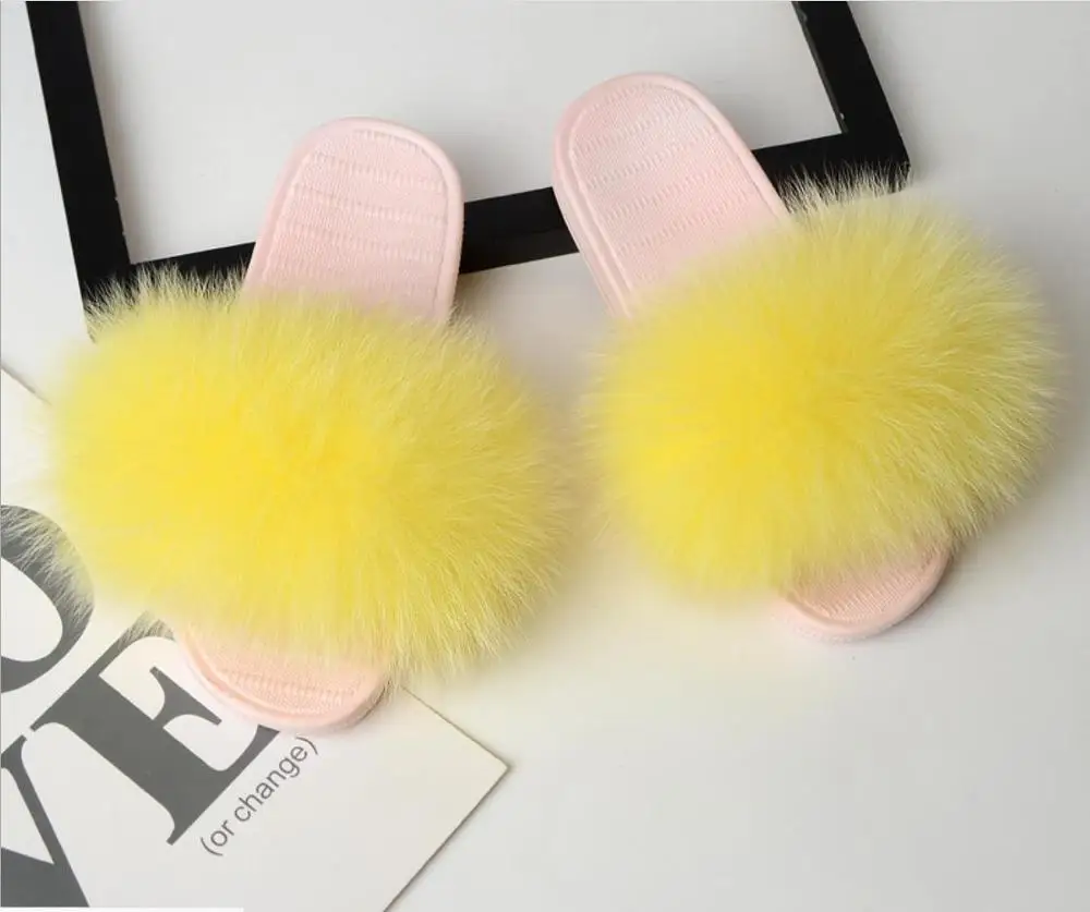 

fashion Fluffy Slippers Real FOX Fur Slides Indoor Flip Flops Casual Shoes Woman Raccoon Fur Sandals Vogue Plush Shoes slides