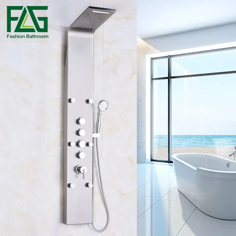 

FLG Waterfall and Rain Shower Panel 6pc Massage Jets Brushed Nickel Shower Head With Bathroom Shower Set Faucet Wall Mounted Tap