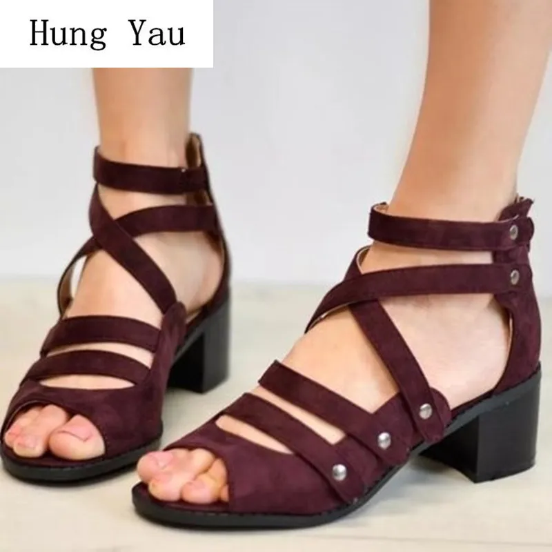 

Woman Sandals Shoes 2019 Summer Style Pumps High Heels Thick Peep Toe Sexy Women Zip Fashion Rivet Comfortable Plus Size